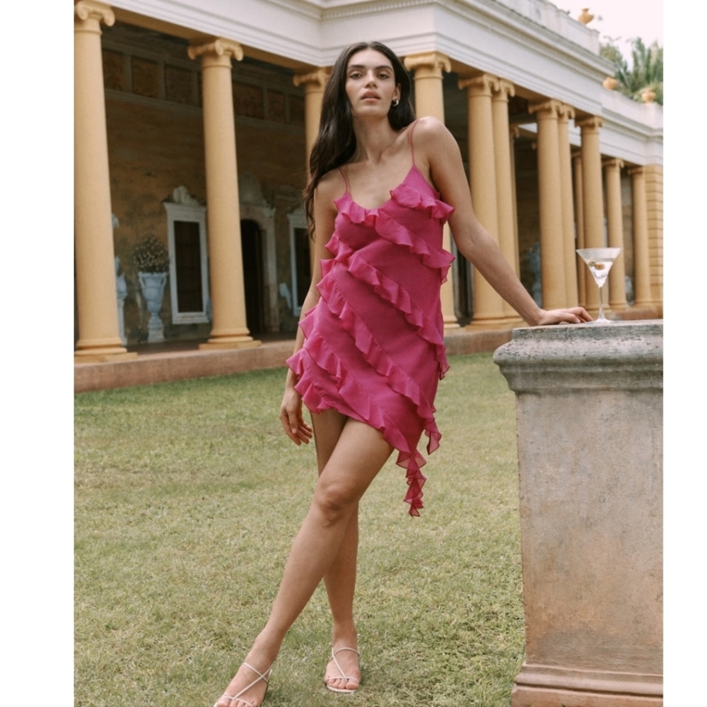 Abercrombie & Fitch Pink All-over Ruffle asymmetrical hem Mini Dress size ST new